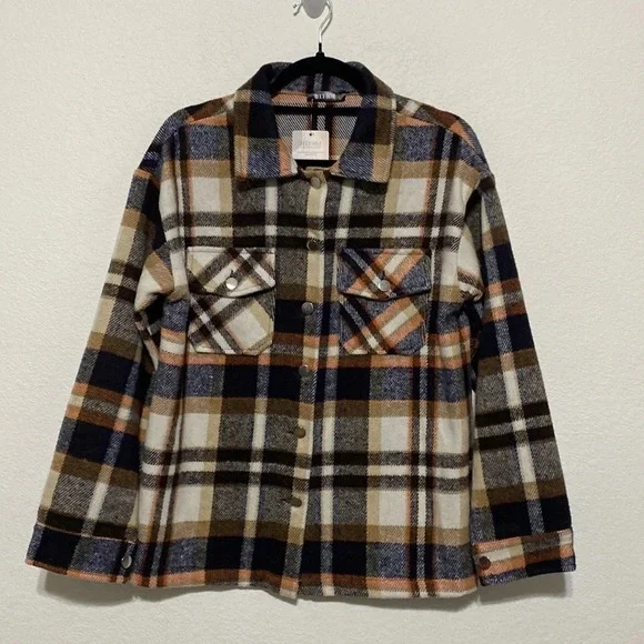 BTFBM Boutique NEW Plaid Flap Pocket Drop Shoulder Open Front Shacket Size S - Picture 4 of 10